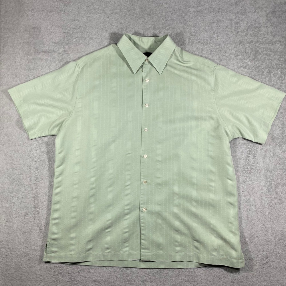 Axist Button Down Shirt Mens XL Sage Green Silk Touch Dobby Stripe Short Sleeve‎